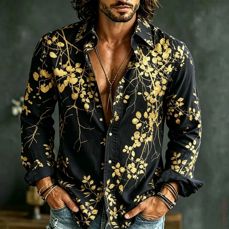 Men's long sleeved shirt with golden branches and floral prints, versatile for daily commuting and vacation, loose casual shirt