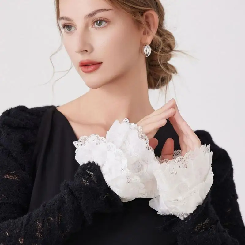 39BD Detachable Lace Sleeve Pair White Polyester Lace with Elasticized Opening for Top and Dress Outfit Styling