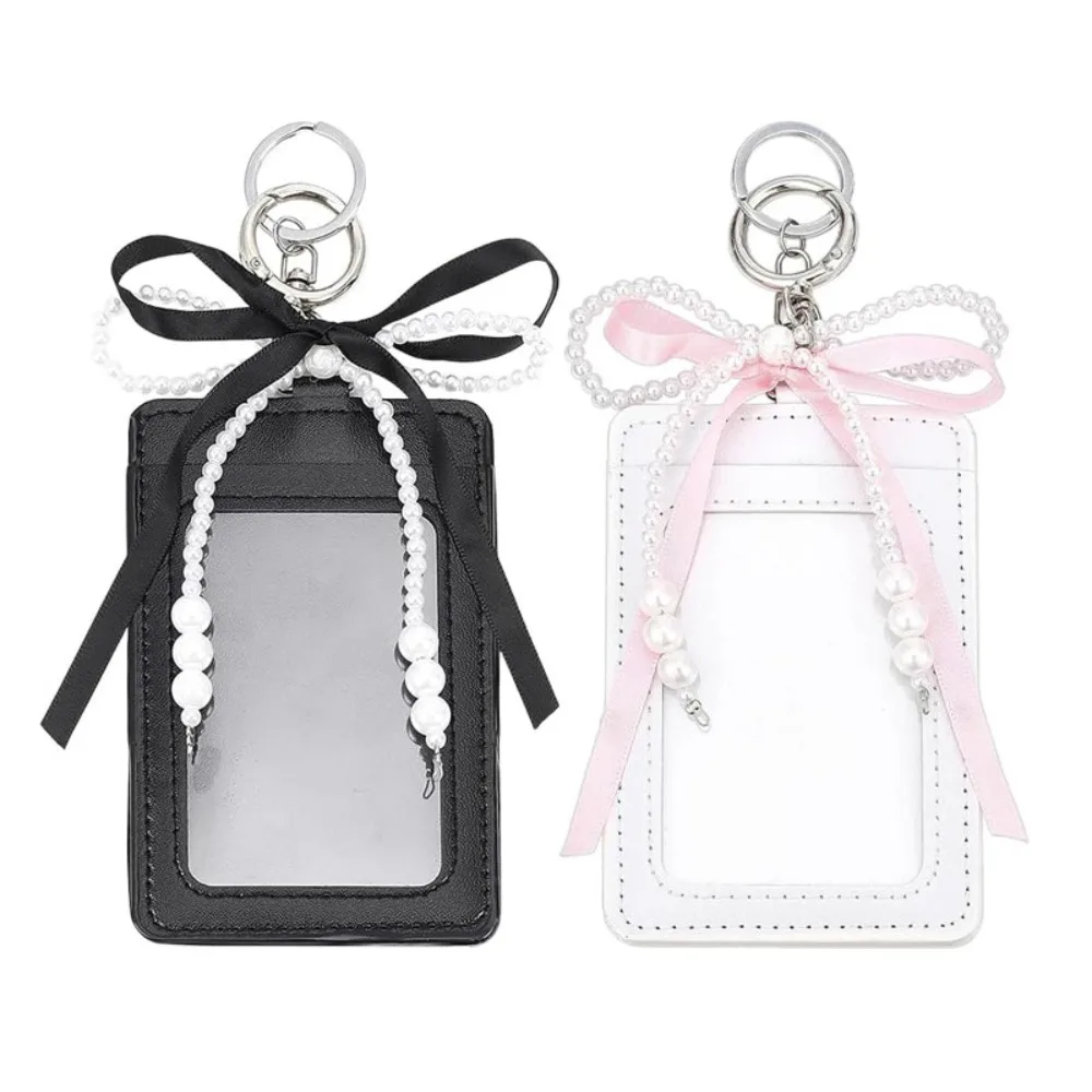 Cute PU Card Holder With Bow Pearl Beaded Chain Keychain Clear ID Window Photo Card Badge Holder For Students Girls