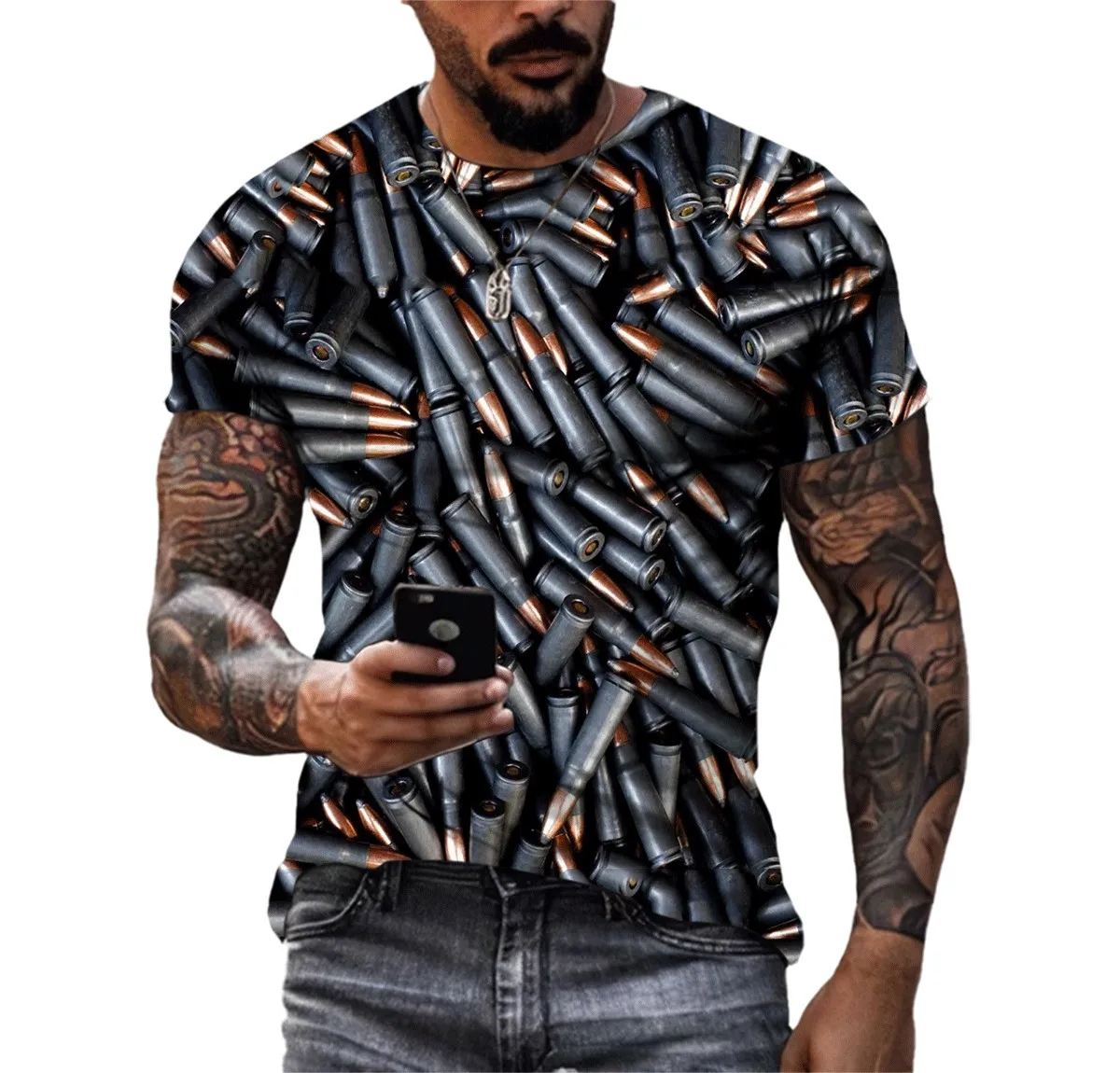 New Bullet Pattern Summer Men's 3d Printed T-shirt Tough Guy Style Personality Trend Short Sleeve Hip Hop Fashion Retro Top