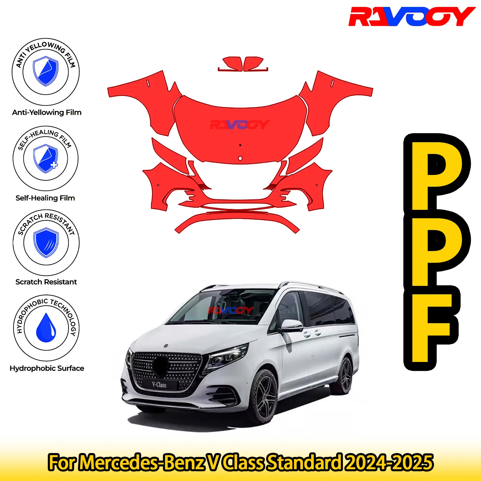 

For Mercedes-Benz V Class Standard 2024-2025 Glossy Matte Black Precut front PPF Kit Paint Protection Film
