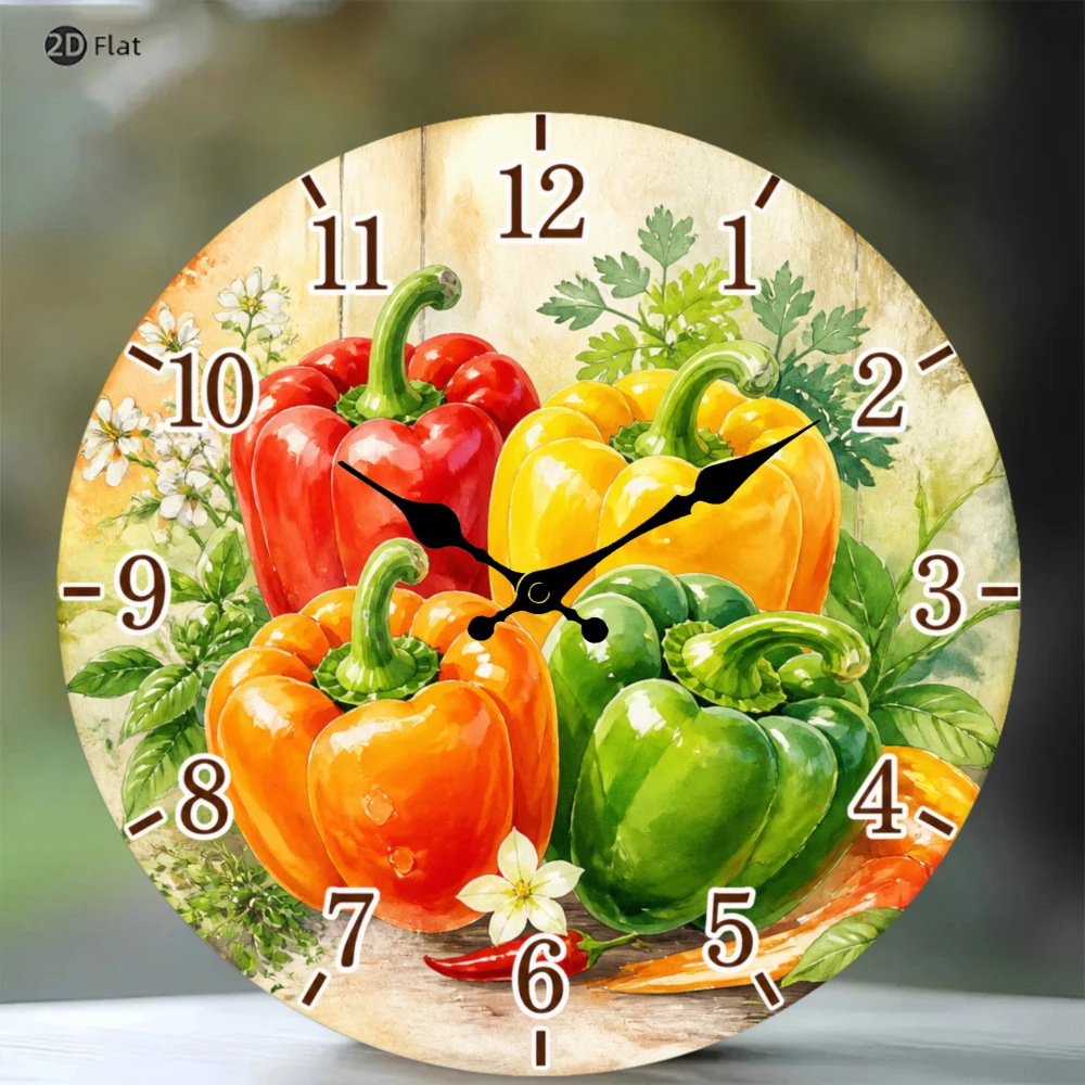 Colorful Bell Peppers 2D Flat Wall Clock 10 Inch Silent Non-Ticking Vibrant Vegetable Print Room Decor for Kitchen