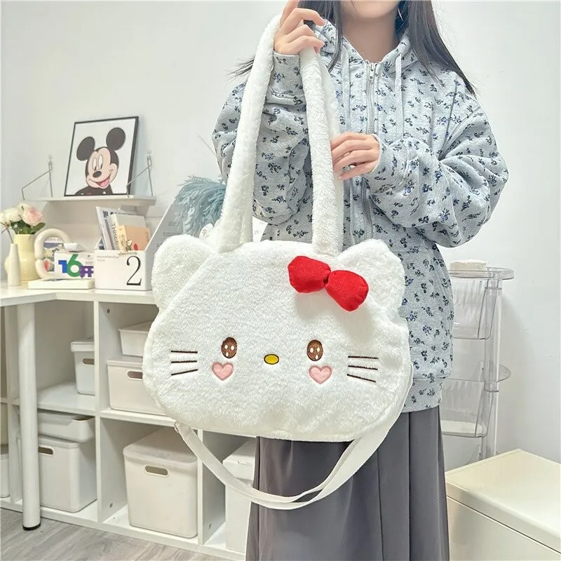 

Hello Kitty Anime Kawaii MINISO Ins Storage Bag Cute Cartoon KT Cat Plush Bag Female Shoulder Bag Lovely Gifts for Girls