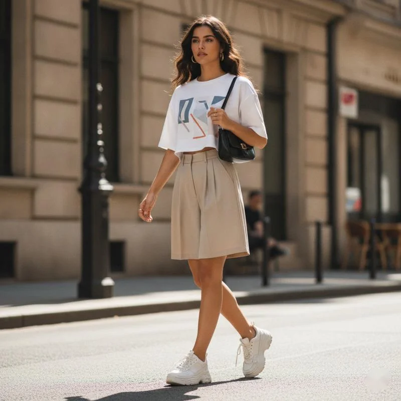 New Women's Tailored Bermuda Shorts High Waist Wide Leg Knee Length Suit Shorts Loose Fit Casual Summer Office Chic Wear Style