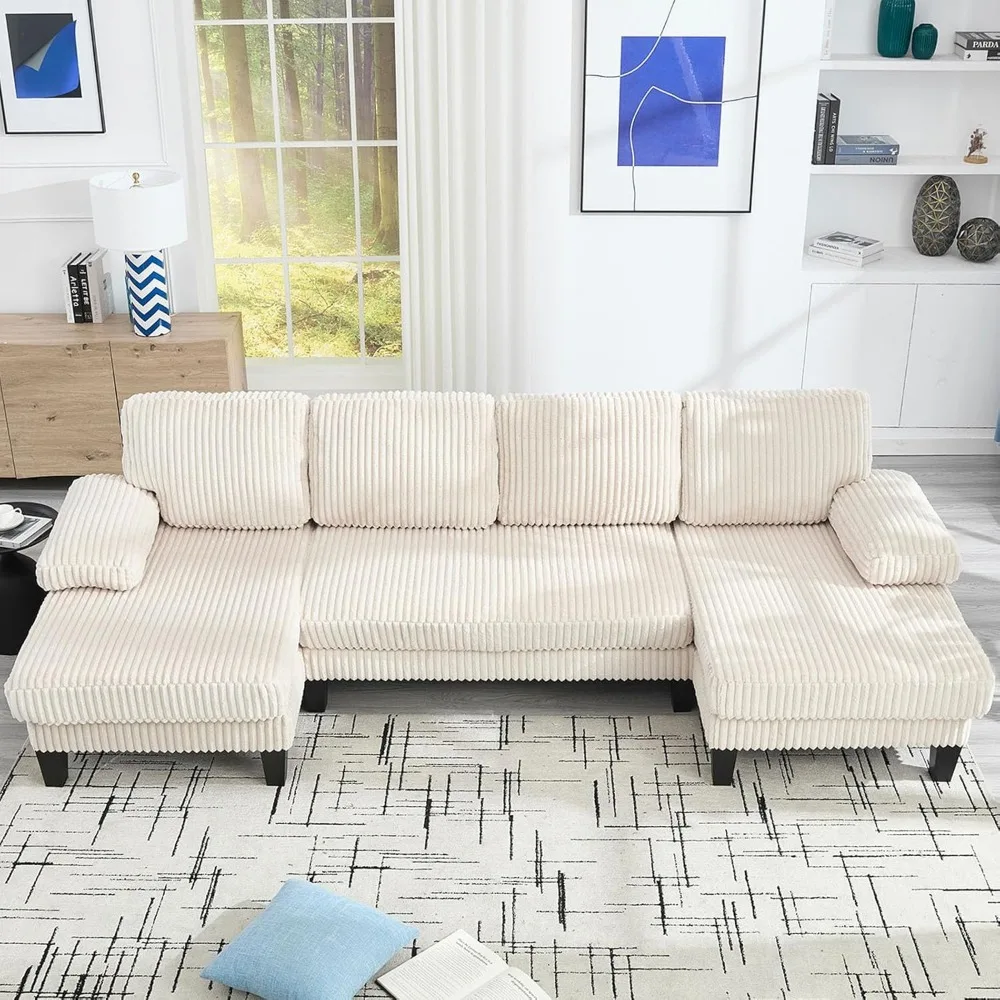 Sofá secional conversível em forma de U com espreguiçadeira dupla, estofamento de veludo, almofada dupla para sala de estar Cloud Comfort