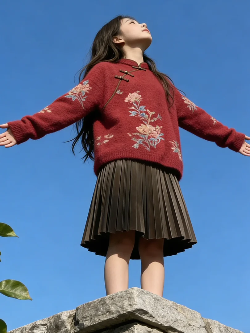 

Красный вязаный свитер Ele для женщин, свободный крой, удобный, в китайском стиле, с пуговицами, цветочным узором, для ношения как внутри, так и снаружи