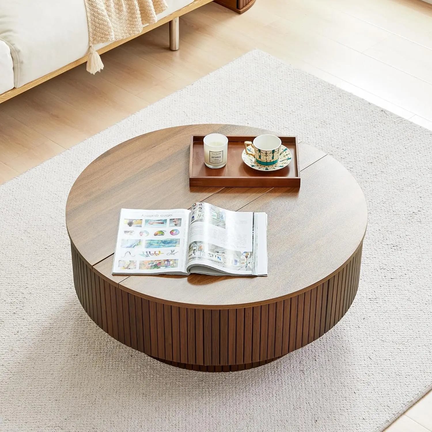 33 Inch Round Coffee Table With Lift Top And Flip Top Storage, Modern Accent Fluted Coffee Tables With Metal Frame, Wooden Circle Center Table For Living Room Small Space Apartment Office, Walnut