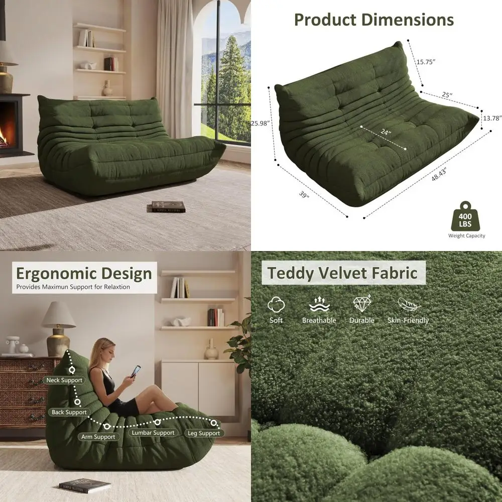 Memory Foam Filled Oversized 2 Seater Bean Bag Chair for Adults - Cozy Loveseat Lounge Sofa Floor Seat by the Fireplace