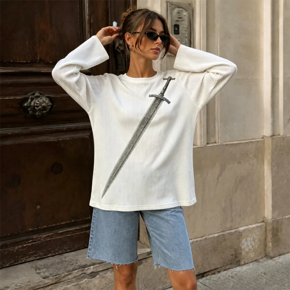Women Ribbed Round Neck Long Sleeve Top Retro Sword Pattern Print Slim Casual Daily Streetwear T-shirt