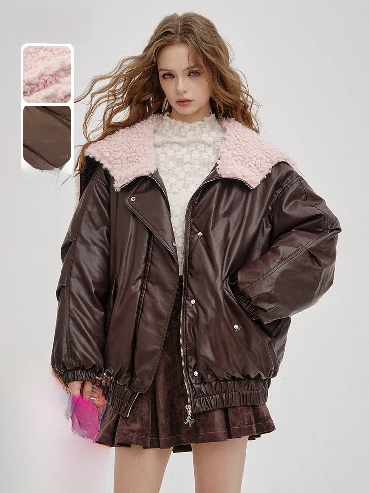 

Women's Winter Cotton Jaet PU Leather Collar Splicing Cotton Filling Large Fur Collar Long Sve Regular Length Coat