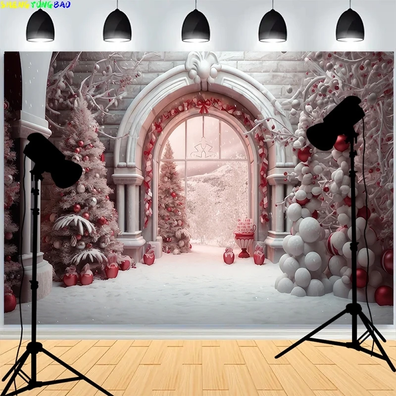 

Christmas Day Fireplace Photography Backdrops Large Window Living Room Interior Xmas Tree fireplace New Year Background XH-28