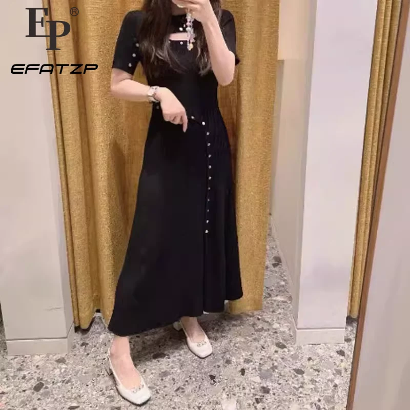 

Black Knitted Long Dress Women's 2024 New Fashion Slim Button Maxi Dresses 5240160