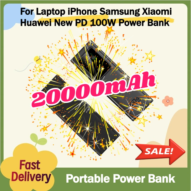

For Laptop iPhone Samsung Xiaomi Huawei New PD 100W Power Bank Fast Charging 20000mAh External Battery Capacity Portable Charger