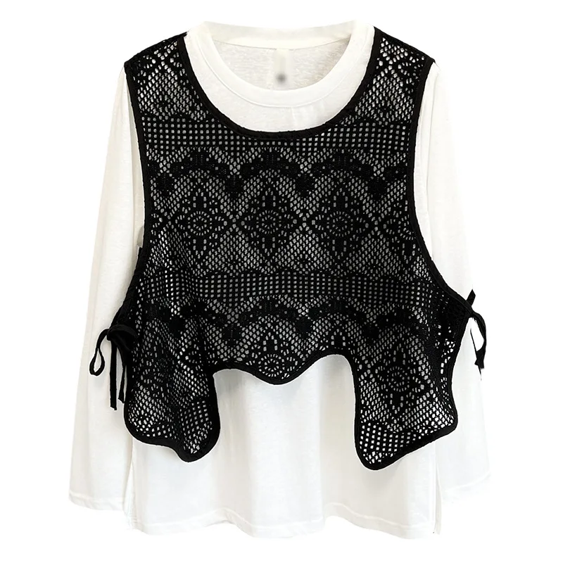 

Женские комплекты больших размеров, осень 2023, новый корейский стиль, модная кружевная майка и футболка с длинным рукавом и круглым вырезом, две части 2558