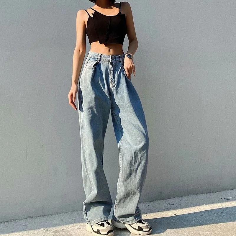 

High Waist Pleated Denim Jeans Women's Straight Loose Super Slim Dad Pants Hong Kong Style Wide Leg Pants Floor-Length Pants