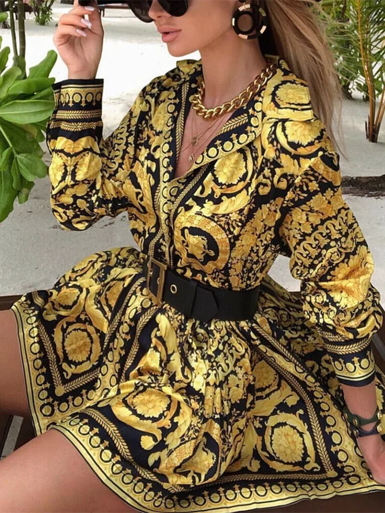 Elegant Printed Shirt Dress Women Vintage Long Sleeve Party Dress Mini Short Autumn Dresses Streetwear Winter Clothing Women