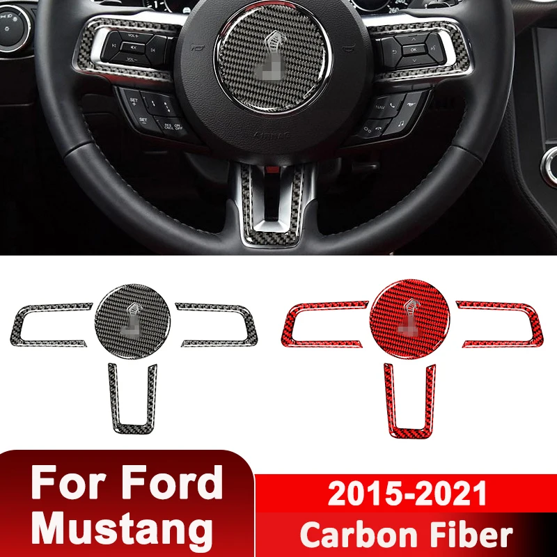 

For Ford Mustang 2015-2021 Carbon Fiber Car Steering Wheel Center Logo Side Buttons Trim Kit Frame Decorative Interior Sticker