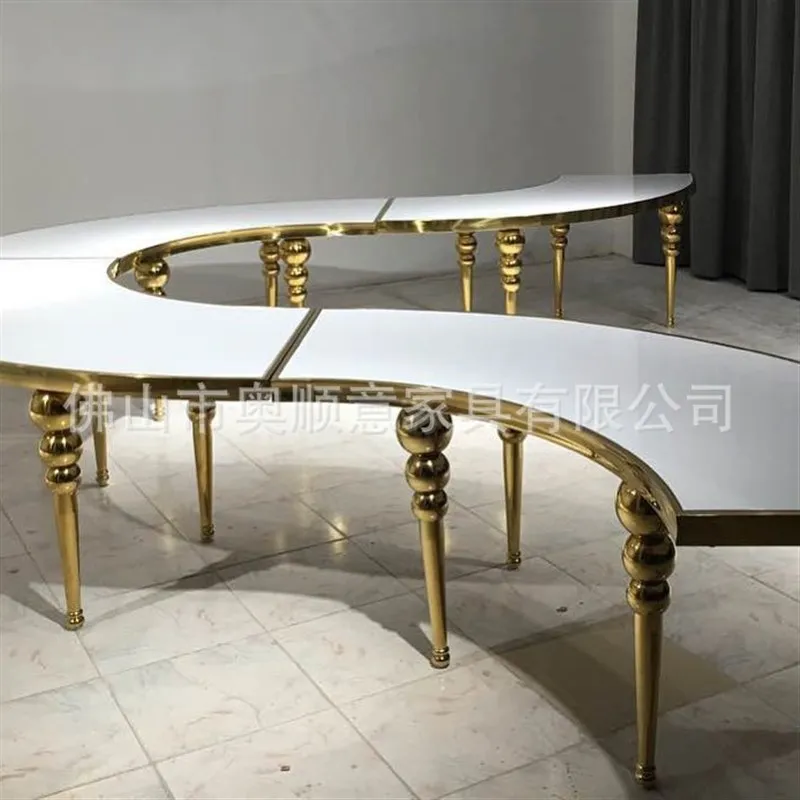 

Wedding table Outdoor wedding stainless steel gold oval glass table integrated banquet rental