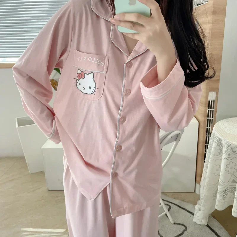 Nuovo Hello Kitty Autunno Cotone Risvolto Pigiama da Donna Sanrio Casual Cardigan Allentato in Due Pezzi Homewear Pigiama di Seta da Donna