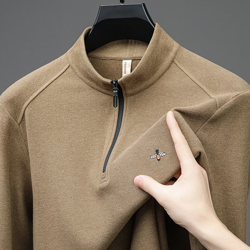 

Luxury Brand Man Long-SleevedT-Shirt Double-Faced Fleece Zipper Mock Neck Little Bee Embroidery Winter New Pullover Leisure Tops