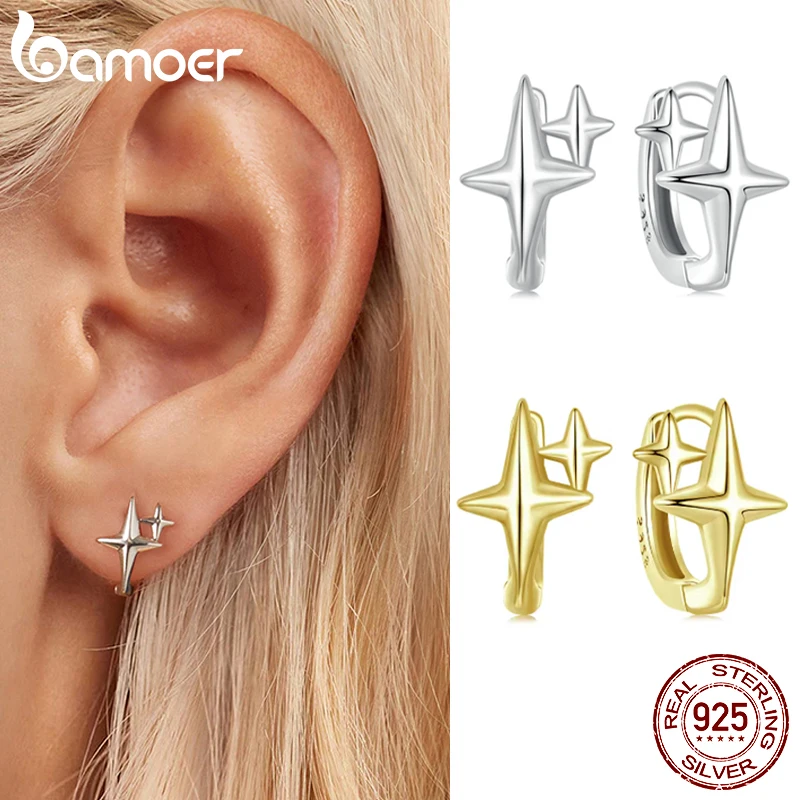 BAMOER Solid 925 Sterling Silver Starlight Hoop Earrings for Women Teens Double Star Huggie Earrings Minimalist Fine Jewelry