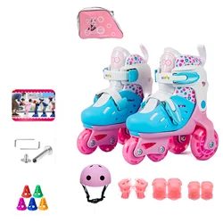 Flash Skates Roller Kids Beginner Roller Skates Set Kneepad Elbow Pads Helmet Roadblock Backpack 4 Wheels Roller Shoes Boy Girl