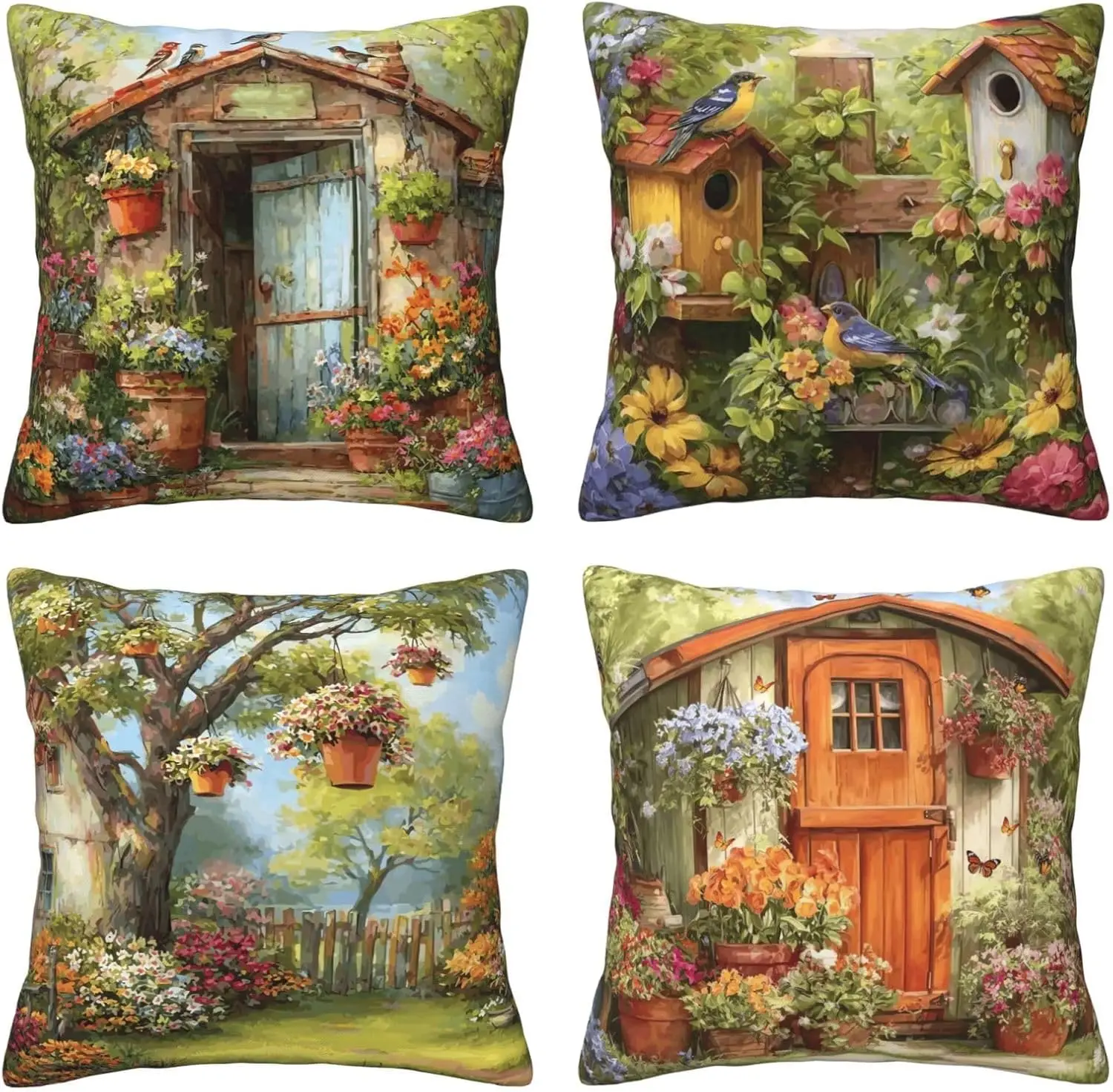 Rustic Cottage Garden Floral Print Pillow Covers Set of 4 Botanical Whimsical Home Decor Polyester Cushions