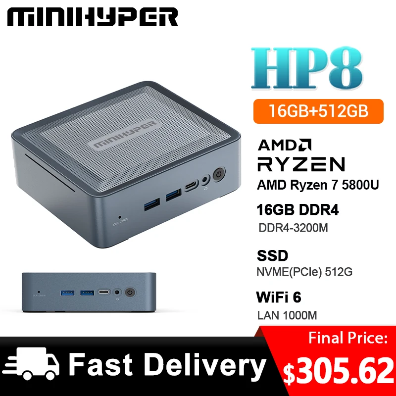 Мини-ПК MiniHyper HP8, AMD Ryzen 7 5800U, ЦПУ, 16 Гб памяти, SSD NVME, 512 ГБ постоянного тока, USB, HDMI, аудиоразъем Type-C