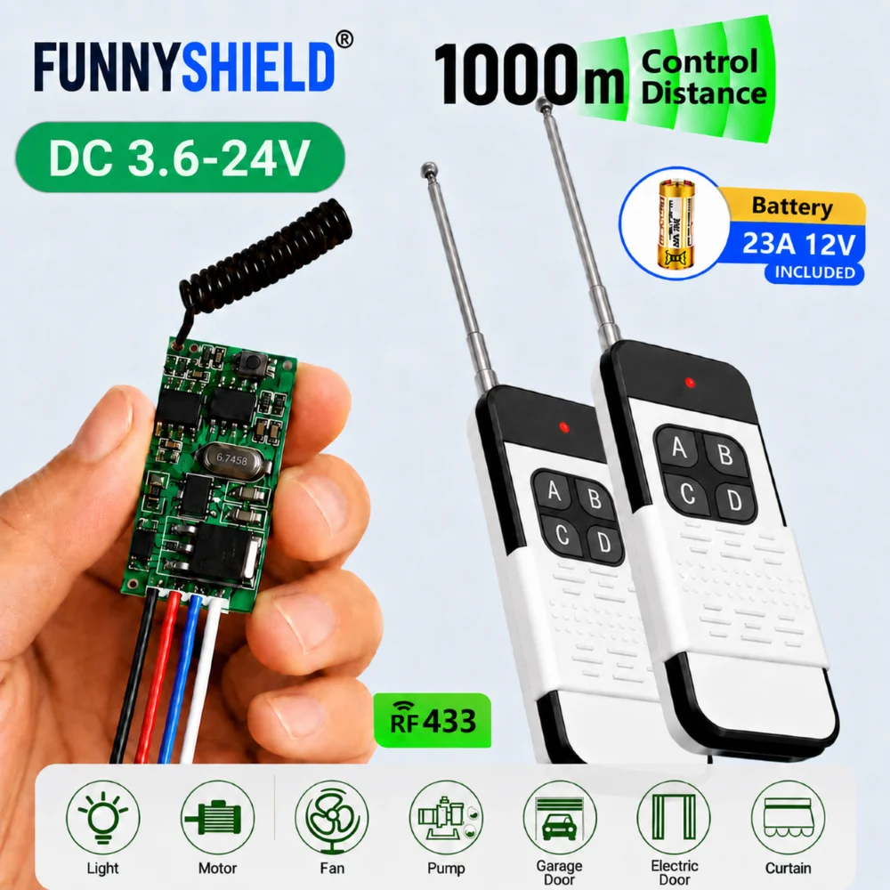 FUNNYSHIELD 433MHz RF Wireless Remote Control Switch Receiver 3.6V 12V 24V Mini Controller 1000m Transmitter For Light LED DIY