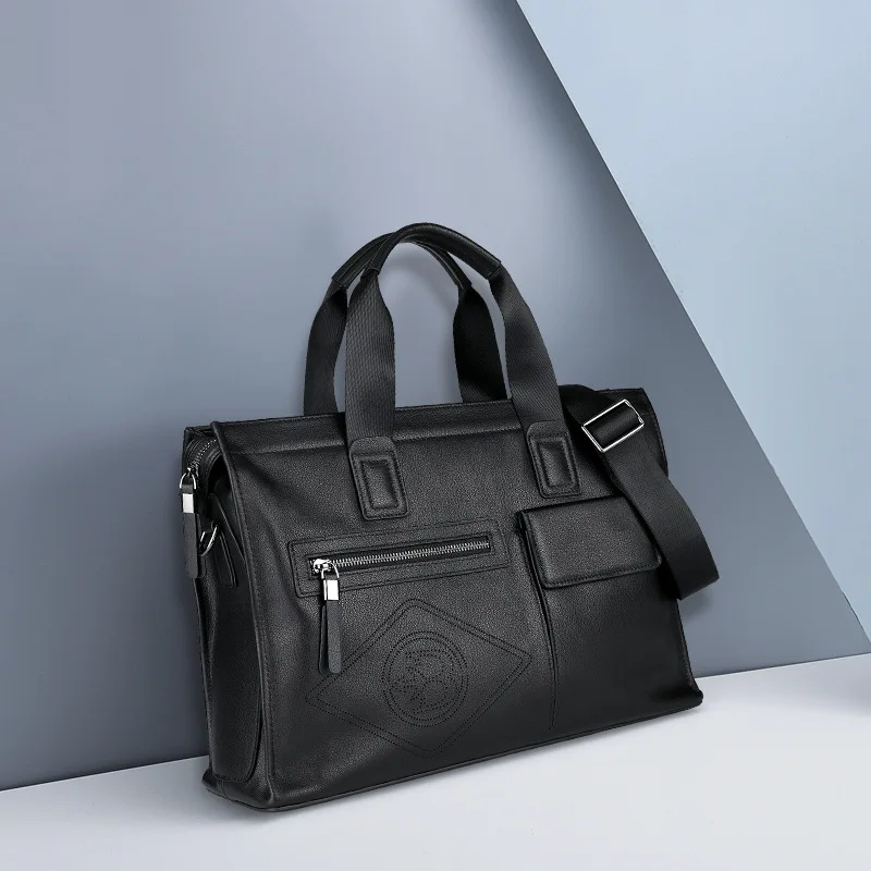 Men’s Fashion Leather Briefcase Large Capacity Business Tote Bag Trendy Handbag Genuine First Layer Cowhide