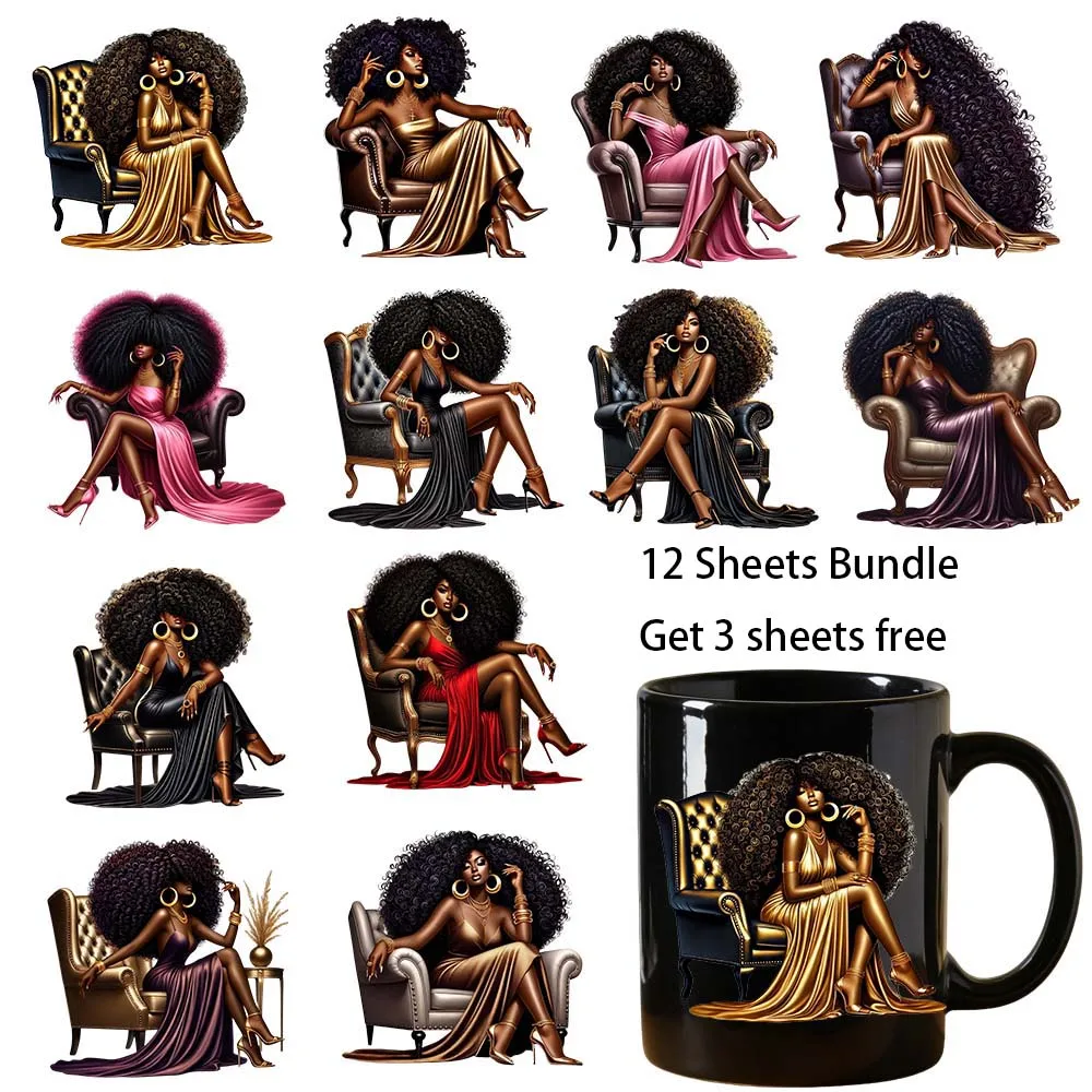 

12 sheets bundle 4 inches black women UV Sticker Party DIY Decals 3D transfers uvdtf tumbler stickers 16oz uv dtf cup wraps