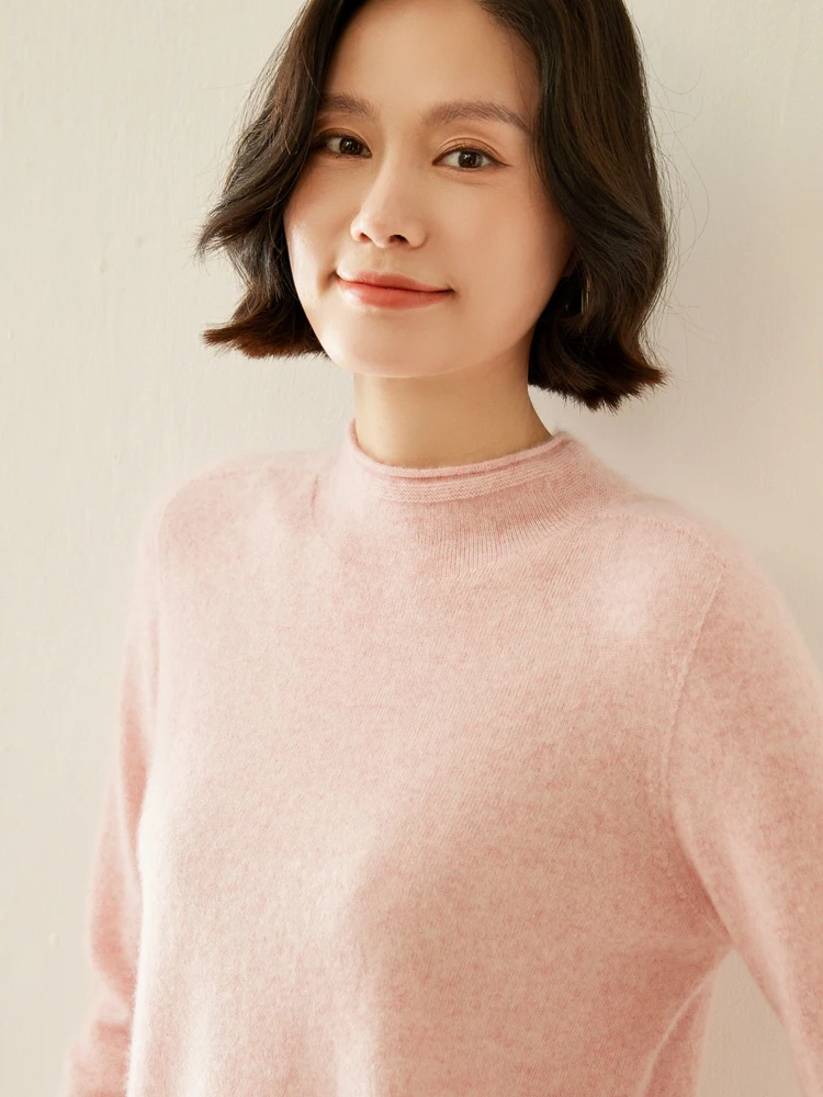 

100% Cashmere Knitwear Women's Rolled Collar Pullover Autumn Winter Solid Color Sweater Long Sleeved Basic Clothing Grace Tops