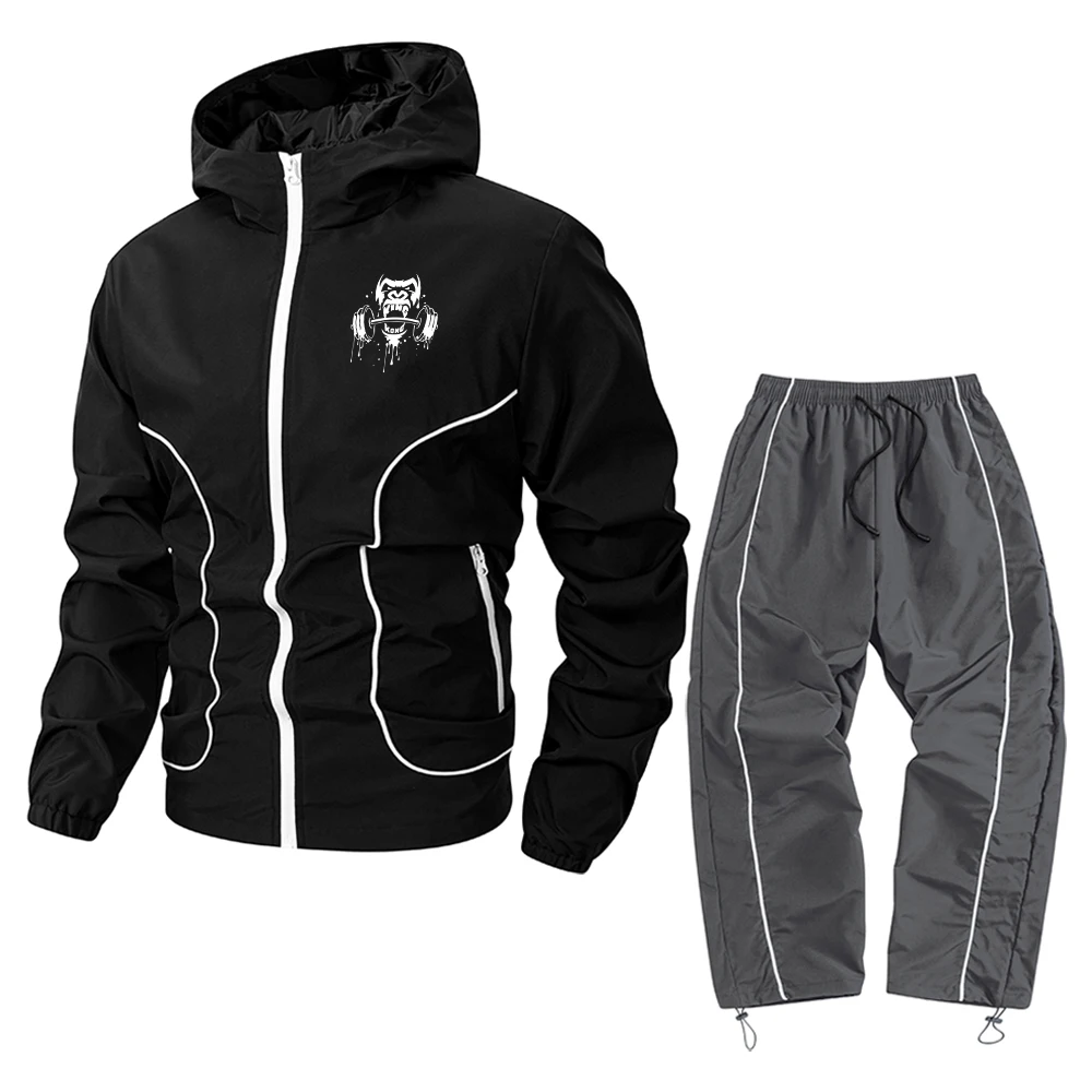 Men 2 Piece Tracksuit Gorilla Dumbbell Print Zip Up Hooded Jacket Drawstring Hem Pants Sportswear Set For Running Streetwear view 6
