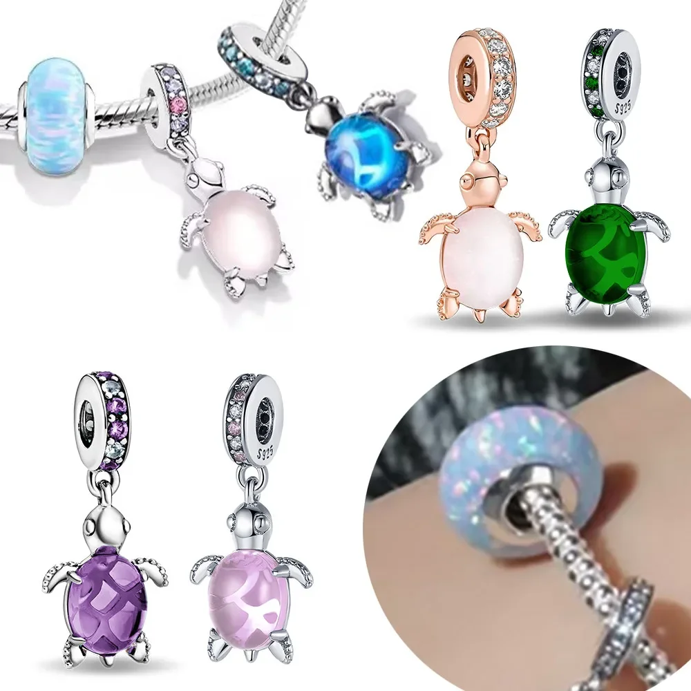 Colorido Zircon Sea Turtle Shape Charm Beads para Mulheres, Pingente Bead, se encaixa pulseira pandora, DIY Jewelry Gift, Prata 925