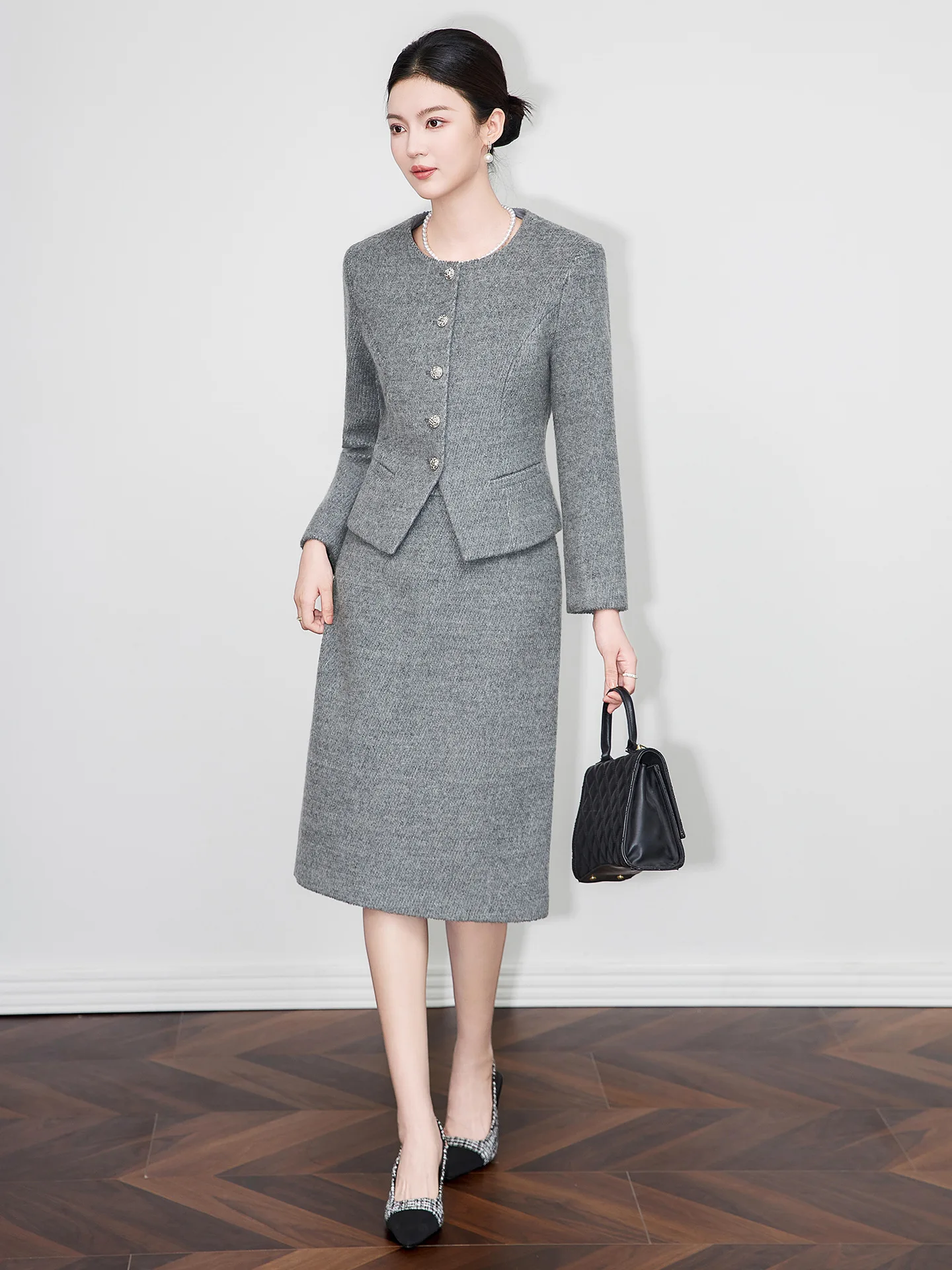 ZJYT Setelan Jas Wol dan Rok Midi 2 Potong untuk Wanita Kantoran Elegan, Musim Gugur Musim Dingin 2025, Pakaian Wanita untuk Pesta, Warna Abu-abu