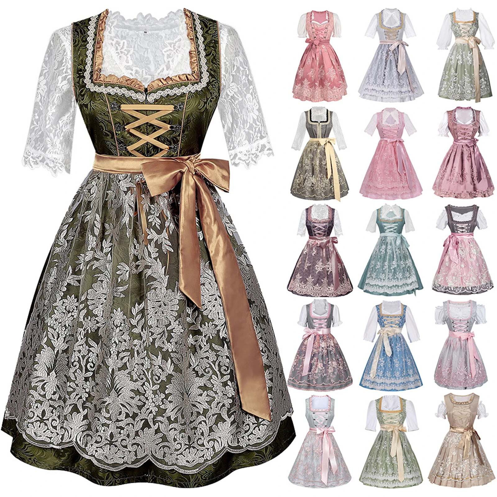 

Women's German Dirndl Dress Bavarian Oktoberfest Carnival Costumes Floral Lace Dress Maid Outfit Halloween Cosplay Outfit