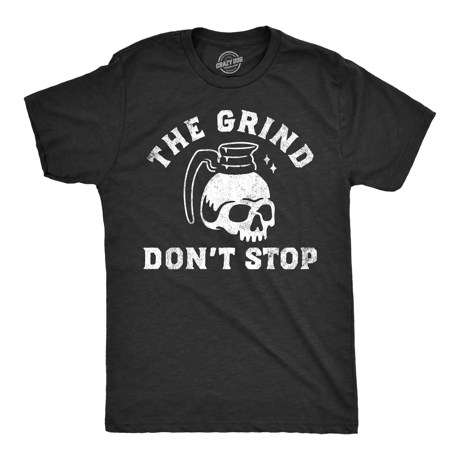 

Mens The Grind Dont Stop T Shirt Funny Spooky Halloween Coffee Pot Skull Joke