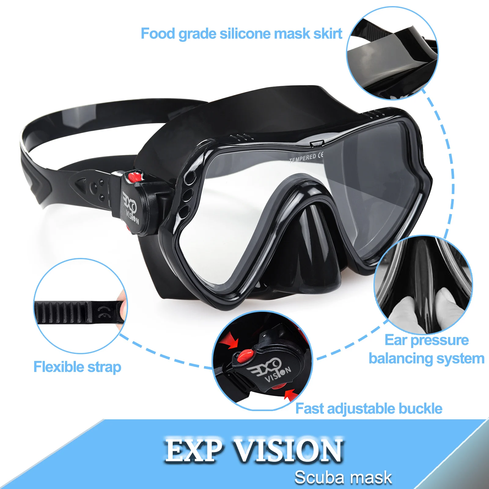 EXP VISION Snorkel Diving Mask, Professional Snorkeling Gear, Ultra Clear Lens with Wide View Tempered Glass Goggles