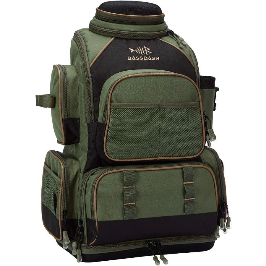 

Waterresistant fishing tackle backpack with tactical design soft tackle box featuring rod holder and protective rain cover for