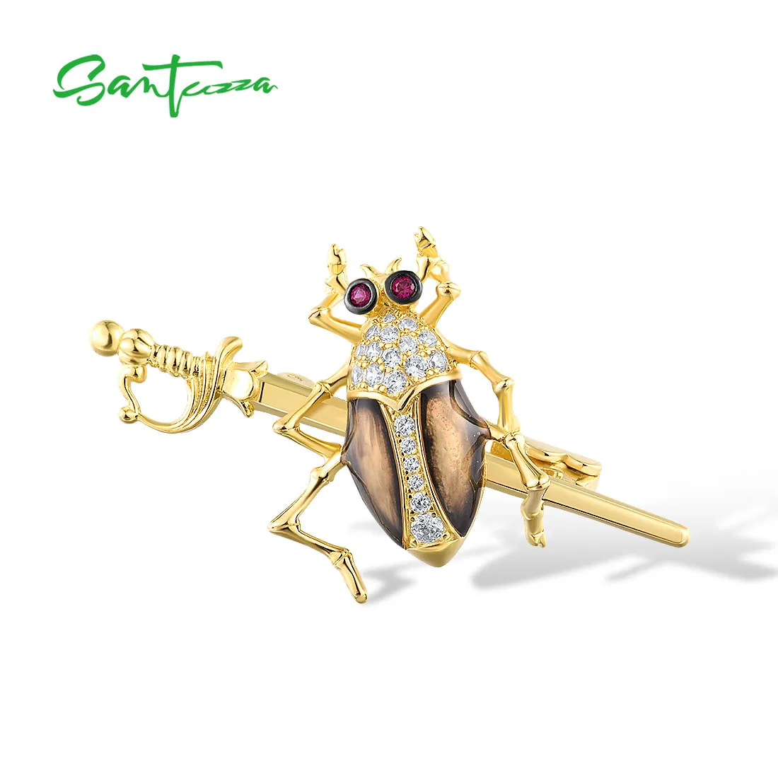 

SANTUZZA Authentic 925 Sterling Silver Brooch For Women Sparkling White CZ Created Ruby Cute Insect Fine Jewelry Handmade Enamel