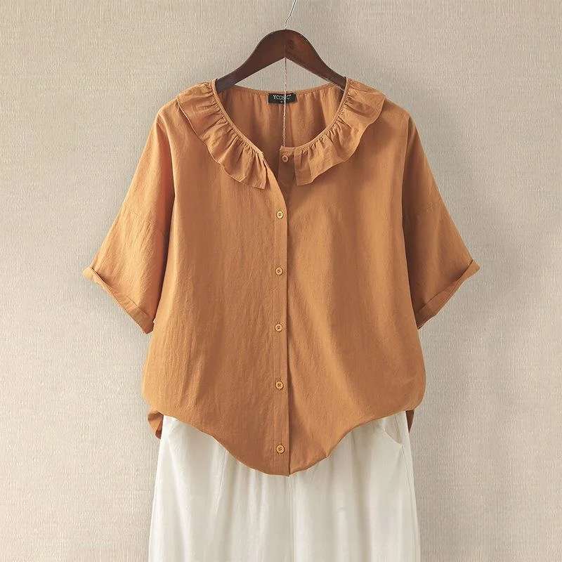 

Женская футболка с коротким рукавом и воротником с рюшами, однотонная, не деформируется, из прочной ткани, для повседневной носки