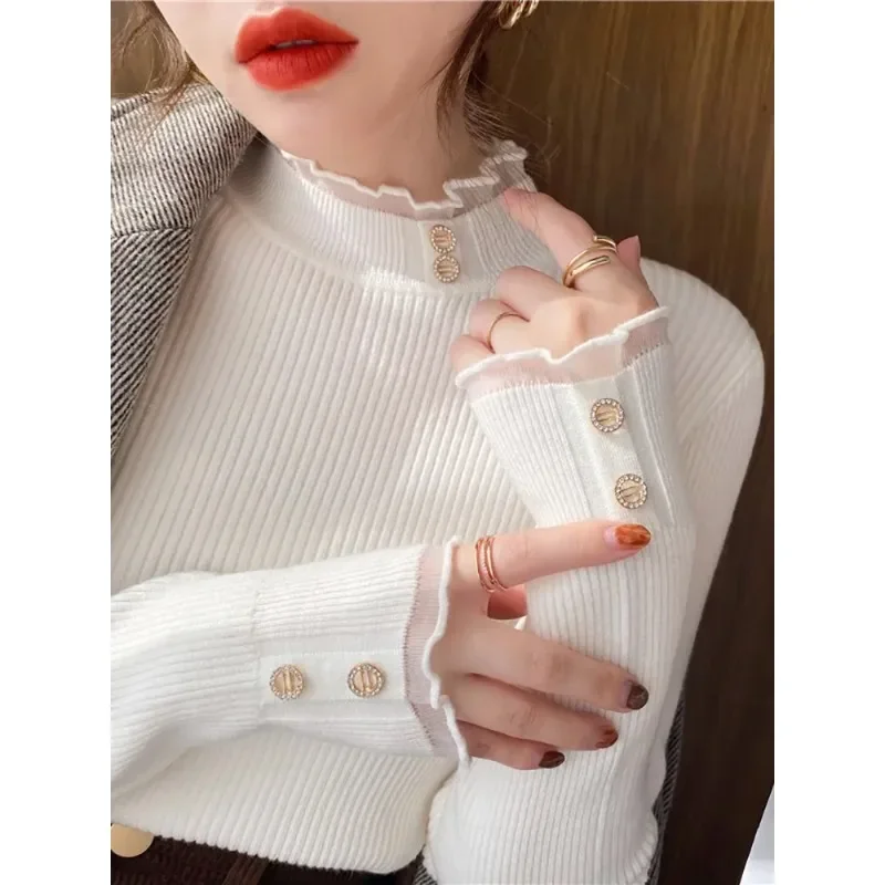 2024 Knitted Women Sweater O-neck Button Pullovers Spring Autumn Basic Sweaters for Female Pullover Slim Solid Bold Lace Tops