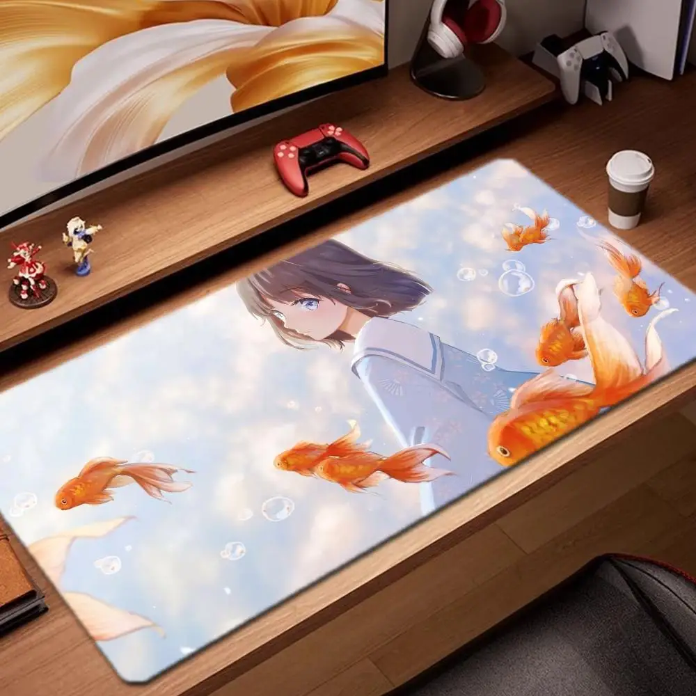 

anime goldfish girl Mouse Pad Game Accessories keyboard pad XXL large locking edge 900X400 mm table mat Gaming mousepad