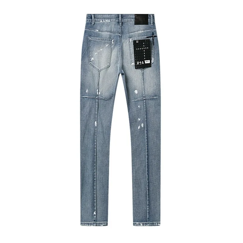 26SS New Arrival RTA Blue Ripped Denim Pants Men Elastic Slim Fit Distressed Style Brand Logo Casual Jeans Pants Streetwear