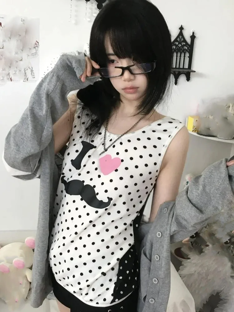 لطيف البولكا نقطة طباعة أكمام تانك القمم المرأة خمر Y2k الجمالية سليم صالح ملابس خارجية سترة حلوة شيك كاميس Harajuku