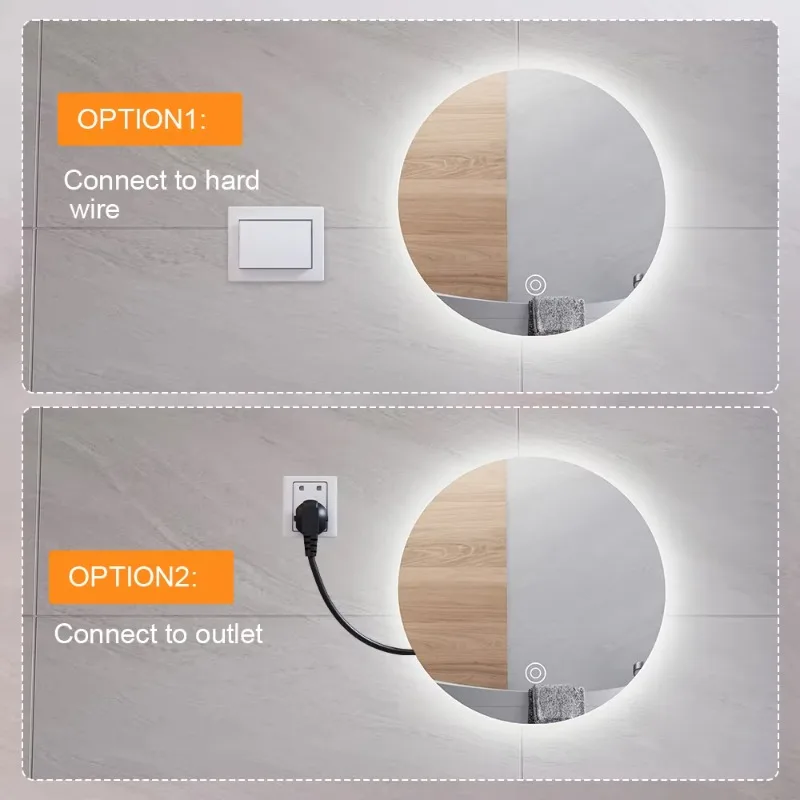 [Vendita calda] Specchio da bagno illuminato dimmerabile con interruttore tattile da pollici personalizzato Specchio retroilluminato a LED rotondo montato a parete con luci