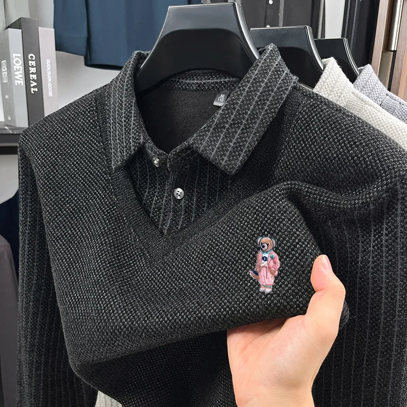 High-End Luxury Man Long-Sleeved Polo Shirt False Two-Piece Lapel Button Bear Embroidery Thicken Fleece-Lined Winter LeisureTops