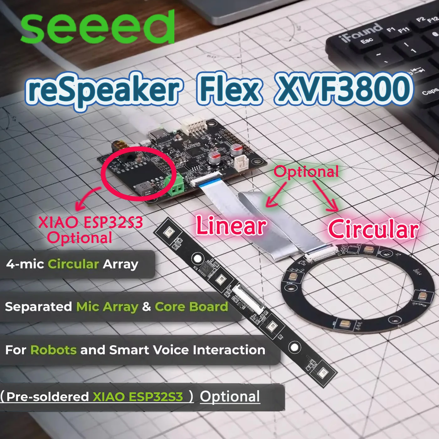 ReSpeaker Flex XVF3800 Circular Linear 4-Mic AI Microphone Array, 360° Far-Field Voice Capture, USB/I2S for Robotics Embodied AI