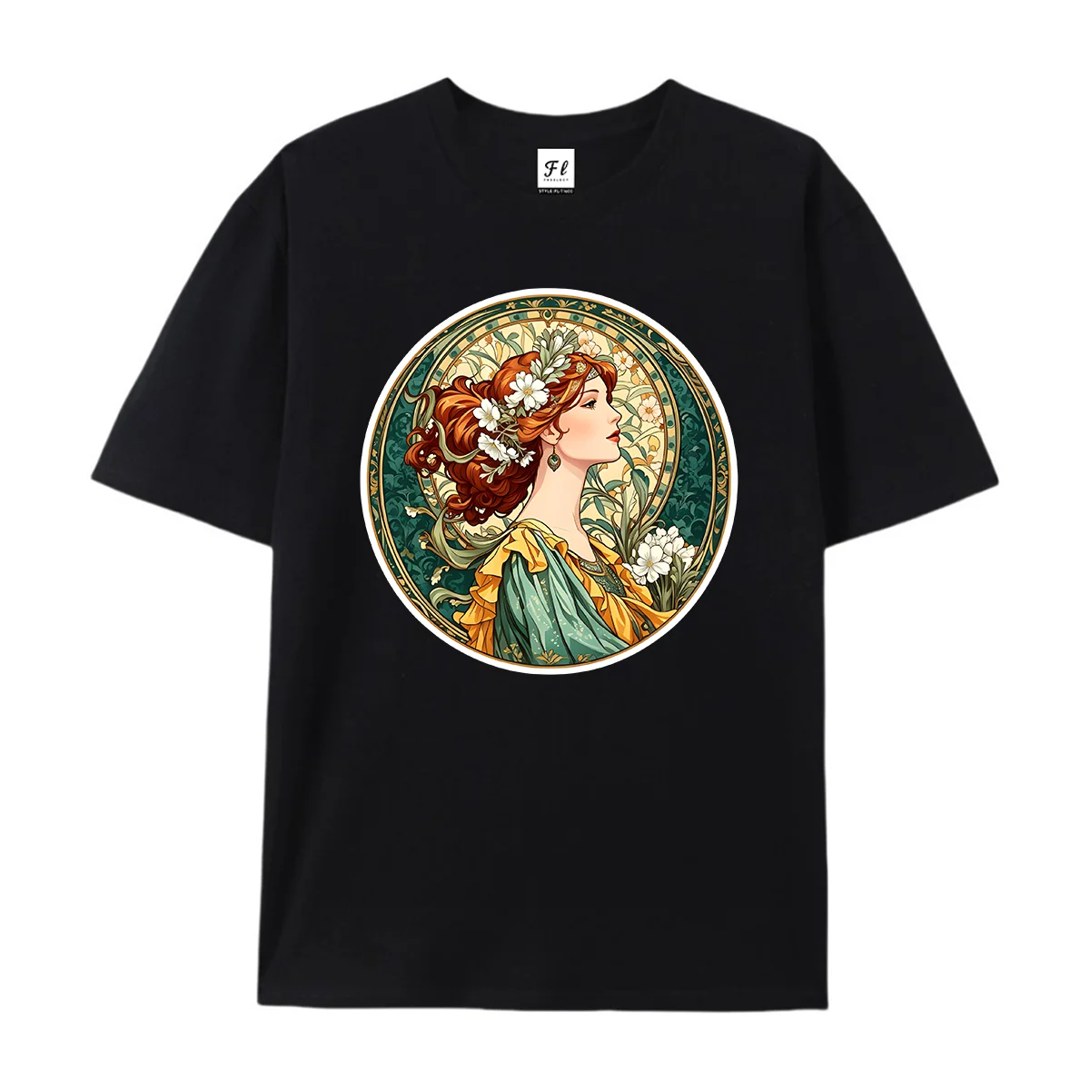 Women Vintage Mucha Style Floral Lady Portrait Graphic T Shirt Summer O Neck Short Sleeve Art Nouveau Flower Woman Print Soft