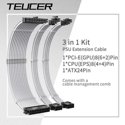 TEUCER 30cm PSU Extension Cable 3 in 1 Kit Motherboard ATX 24Pin GPU PCI-E 6+2Pin 8Pin CPU EPS 4+4Pin 18AWG Power Cord